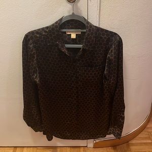 Michael by Michael Kors collared button down top.  Navy and brown design.